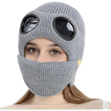 3-in-1 Unisex Knitted Goggles Beanie, Beanie with Goggles, with Face Mask & Ear Cover(b)