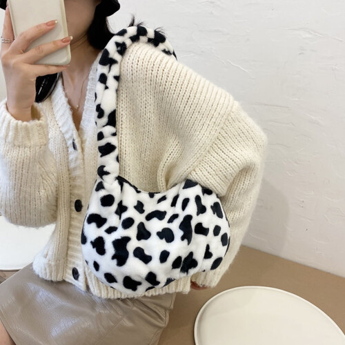Women's Plush Shoulder Tote Bag with Cow Pattern
