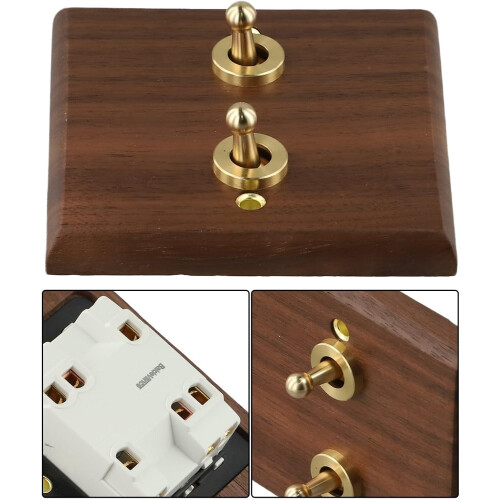 Walnut Wood Light Switch Plate with Brass Lever 2-Gang 2