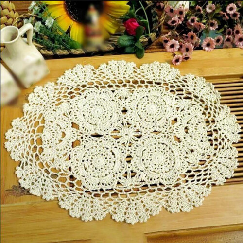 Jogo americano oval de crochê com renda de algodão bege, 45 x 30 cm (18 x 12 polegadas).