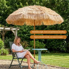 (D: 215cm) Thatched Patio Umbrella Tropical Garden Parasol with Tilt Function Straw Effect Outdoor Sun Shade for Patio Balcony