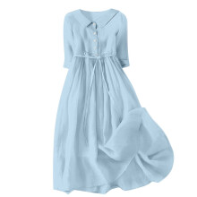 Women Bohemian Cotton Linen Dresses 3/4 Sleeve Maxi Long Dress Plain Classic Dresses Trendy Boho Dresses with Belt