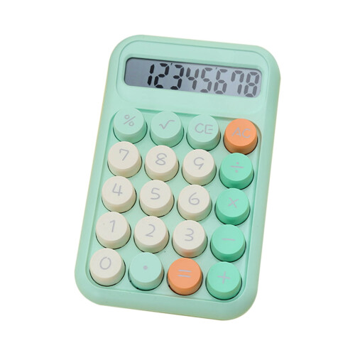 Calculadora básica com visor LCD de 8 dígitos na cor verde.