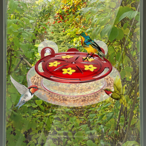 Window Bird Feeder Red Plastic Circular with Clear Tray