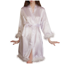Damski szlafrok kimono z piórkami, biały, rozmiar M