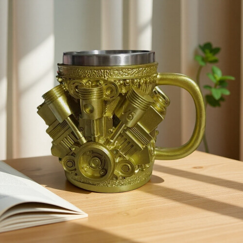 Motorförmiger Edelstahlbecher im Cyberpunk-Stil