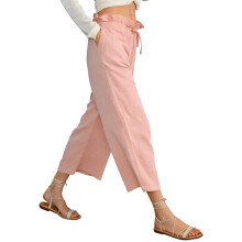 Calça Capri Feminina de Algodão Rosa, Calça Casual Cropped na Altura do Tornozelo com Modelagem Solta, Cintura Elástica e Bolsos, Calça