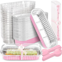 Mini Cake Pans Aluminum Foil with Lids and Spoons 50 Pack
