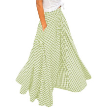 Falda larga para mujer, verde, talle alto, corte en A, a cuadros, talla XL