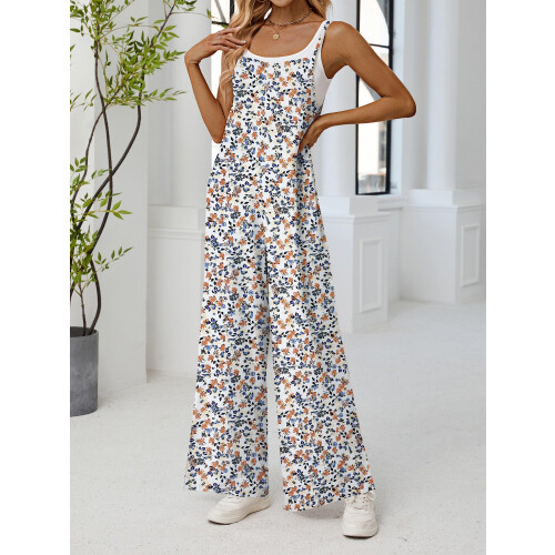Blomstergul boho-jumpsuit med lommer til dame, medium 1