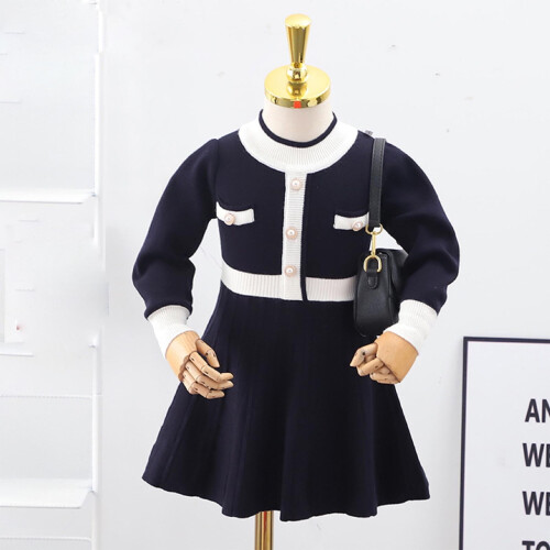 Mädchen Strickkleid aus Baumwolle, schwarz, langärmelig 1
