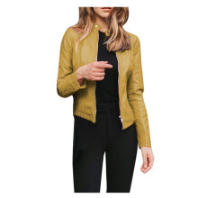 Gelbe Damen-Bikerjacke aus Leder, kurzer Wintermantel