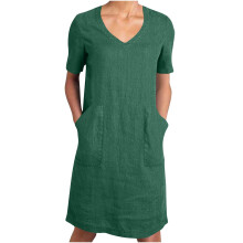 Robe midi ample Ă col V vert citron pour femme, en faux lin, taille XL