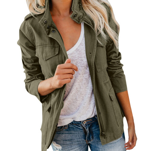 Jaqueta Cargo Feminina Lisa Oversized com Zíper e Múltiplos Detalhes