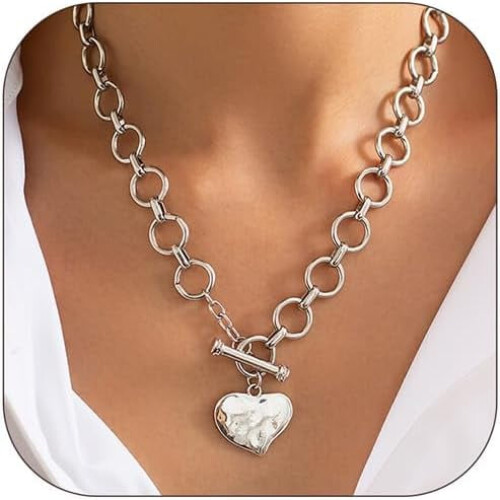 Colar com pingente de coração grande em aço inoxidável para mulheres, 45 cm (18 polegadas).