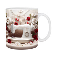Keramikkrus med blomstermotiv og symaskine, 12 oz
