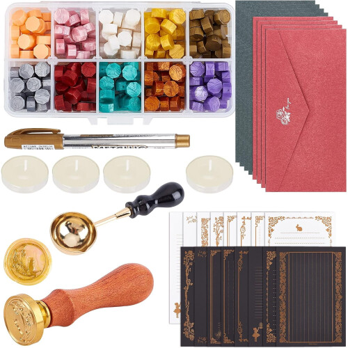 Kit de lacre de cera com contas, colher, carimbo, canetas e envelopes.