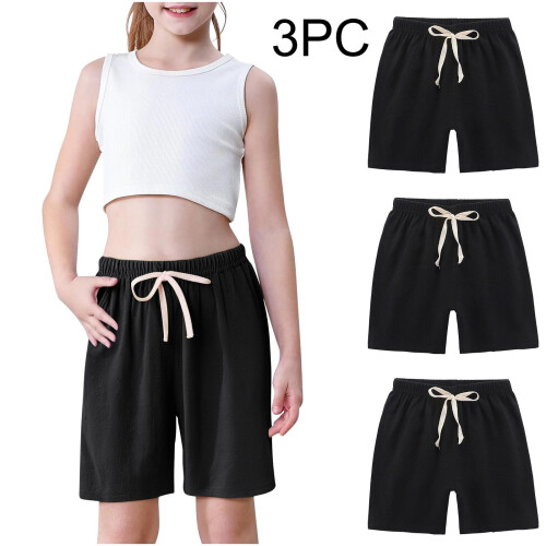 Kids Cotton Linen Shorts 3-Pack Drawstring Black 9-10 Years 1