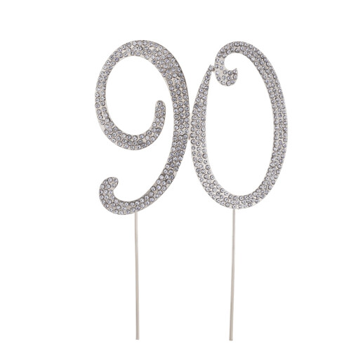 FRCOLOR Silver Alloy Cake Topper with Rhinestones 90th