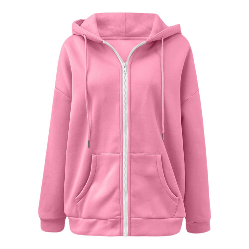 Damen-Kapuzenpullover in Dunkelrosa, Oversize, langärmelig, mit Reißverschluss 2