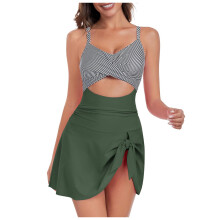 Women's V-neck Cutout One-piece Swimdress with Wrap Tie Back