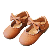 Zapatos de niña de suela blanda para caminar, de cuero marrón con diseño de lazo.