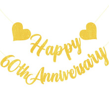 No DIY Glitter Gold Happy 60th Anniversary Banner - Cheers to 60th Birthday Marriage Banner - Loved Wedding Anniversary Party Bunting Decoration