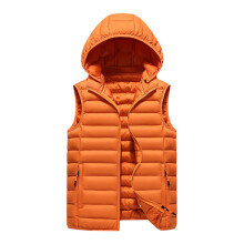 Men's Casual Trendy Rib Pattern Sleeveless Cotton Vest - Hooded Solid Color Slim-fit Cotton-padded Jacket, Orange-Yellow, Size XXL