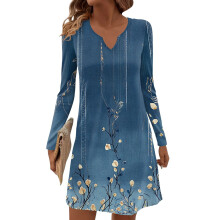 Donkerblauwe midi-jurk met bloemenprint voor dames, V-hals en lange mouwen.