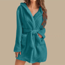 Fuzzy Robe for Women with Pockets Pure Color Hooded Plush Bathrobe for Women - Cozy & Warm Home Wear Womens Robe with Hoodie