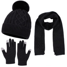 Schwarzes Damen-Mützen-Set mit Bommel und fleecegefütterter Strickmütze