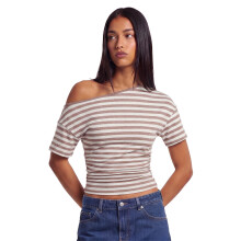 (L, Light Brown) Women's Summer Striped Tops Short Sleeve Asymmetrical Neckline Casual Slim Fit Blouse Off One Shoulder Fashion Tops