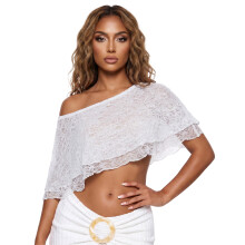 (L, White) Women Sheer Lace Poncho Tops Loose Double Layered Boat Neck Cover Ups Casual Summer Streetwear