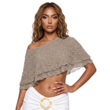 (M, Khaki) Women Sheer Lace Poncho Tops Loose Double Layered Boat Neck Cover Ups Casual Summer Streetwear