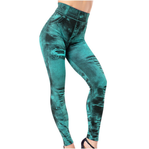 Dameleggings med denimprint, elastisk, slim fit, grøn 2