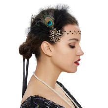 Flapper Feather Headband with Crystal Flower Black Peacock