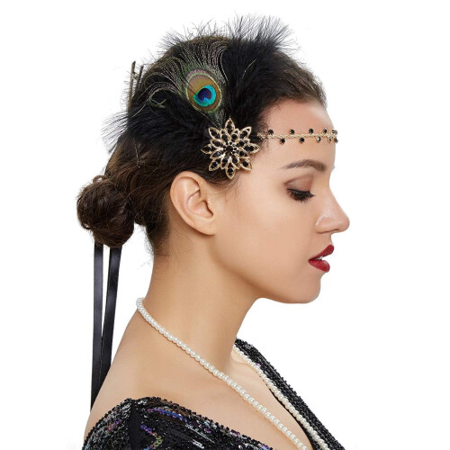 Flapper Feather Headband with Crystal Flower Black Peacock