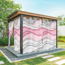 Cortinas exteriores impermeables de color rosa y gris con efecto degradado ondulado.