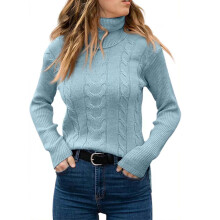 Women's Light Blue Slouchy Turtleneck Cable Knit Sweater
