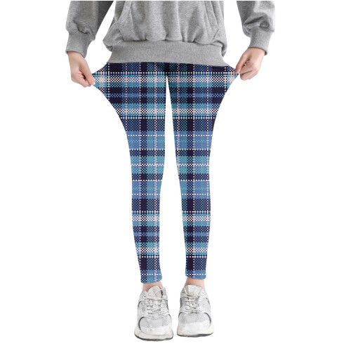 Mädchen-Stretchstrumpfhose mit Karomuster, hohem Bund, blau