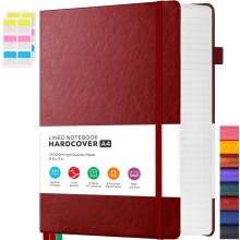 Leren notitieboek met harde kaft, 320 pagina's, gelinieerd, bordeauxrood.