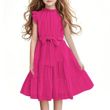 Girls Summer Dress High-Neck A-Line Ruffled Sleeves Tiered