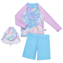 Girls' Long Sleeve Swimsuit 2-Piece Set: Rash Guard Top + Swim Shorts, Light Blue, 5-6 Years, Compatible with Sun Protection