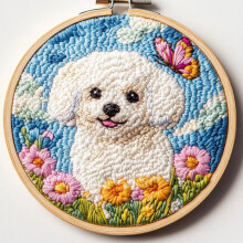 DIY Punch Needle Kit: Bichon Frise Puppy & Butterfly Design – Easy Starter Set for Beginners, Includes Hoop (20x20cm), Compatible with Standard