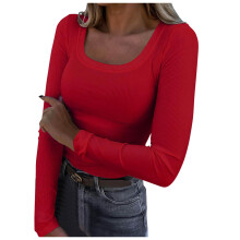 Women's Square Neck Ribbed Knit Top Slim Fit Red XXL