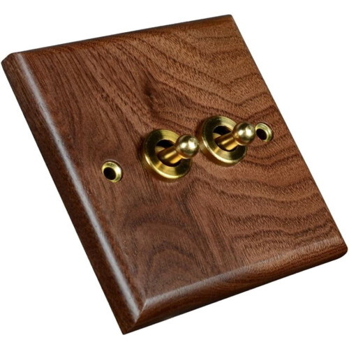Walnut Wood Light Switch Plate with Brass Lever 2-Gang