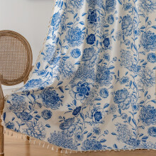 (Blue, 139.7W*243.84cmL) 1pc Blue Floral Farmhouse Curtain for The Living Room, Made of Linen with a Bohemian Style, Featuring Tassels