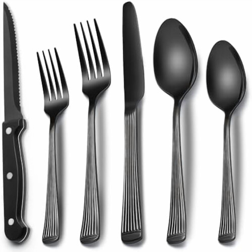 Black Hammered Stainless Steel Flatware Set 24-Piece