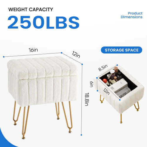 Vanity Stool with Storage Modern Faux Fur Seat White 1