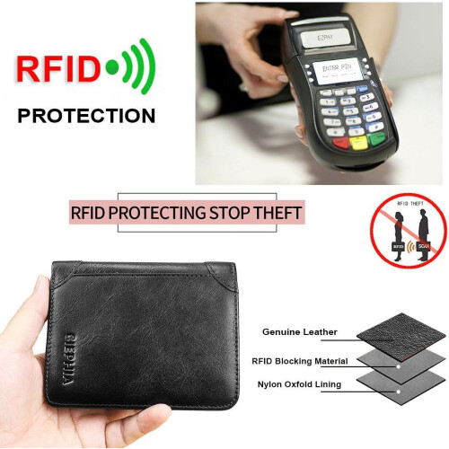 RFID-blokerende trifold-pung i ægte læder, sort 2